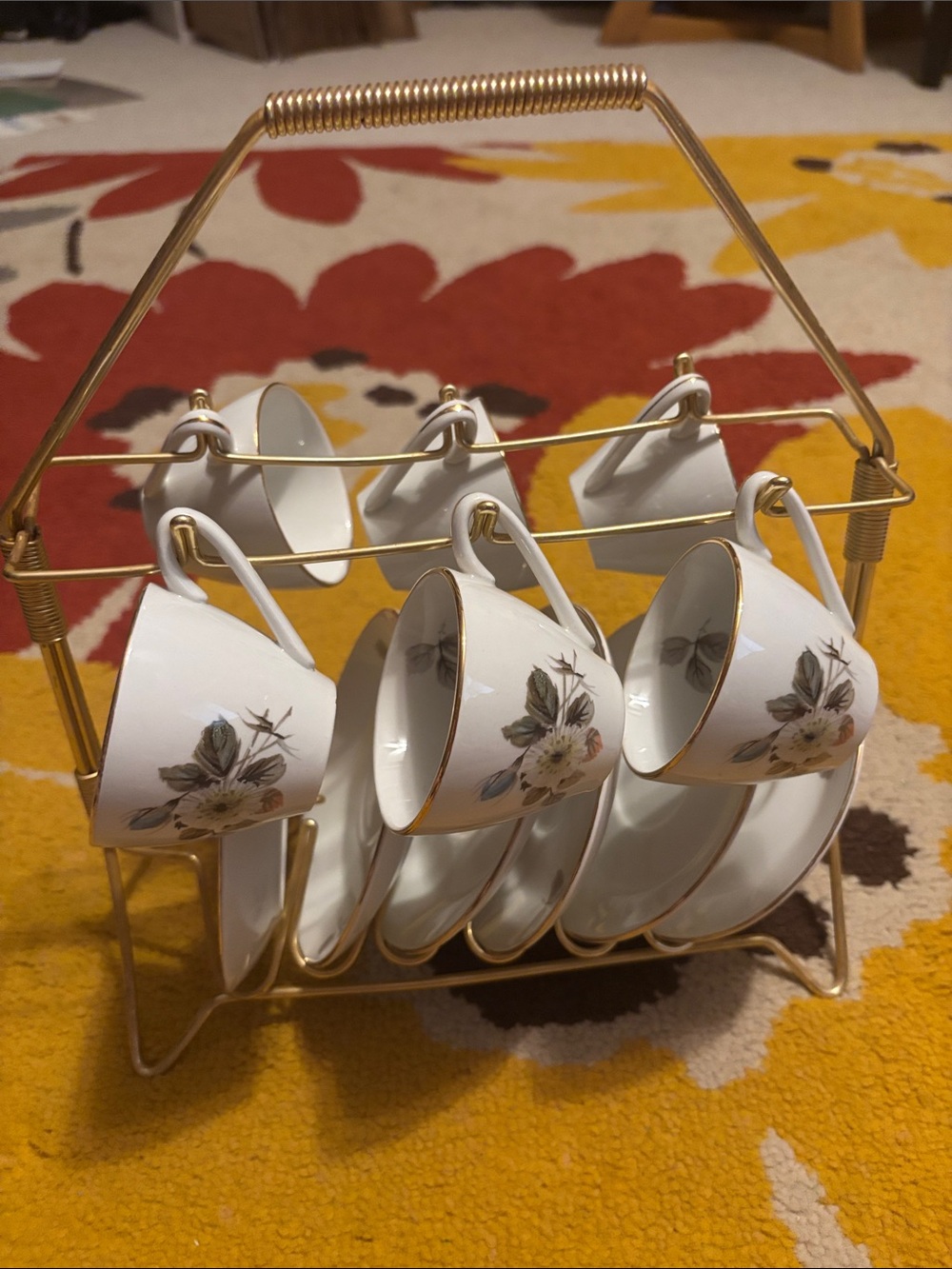 Unique Vintage floral White Porcelain Tea Cup & Saucer Set with Gold Trim